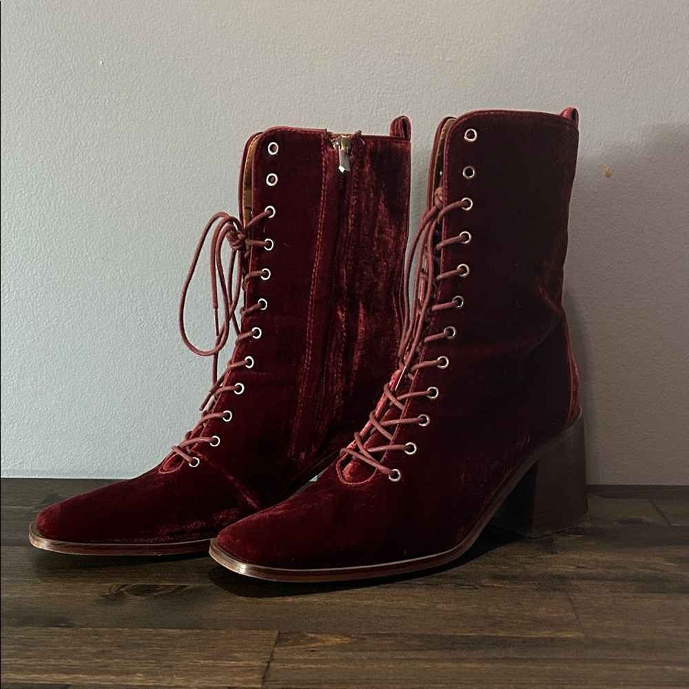 Sam Edelman NY Burgundy Velvet Lace-Up Boots